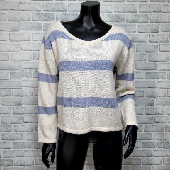 Ava Giselle Collection Womens S Ivory Blue Colorblock Stripe Knit Sweater - Picture 1 of 6